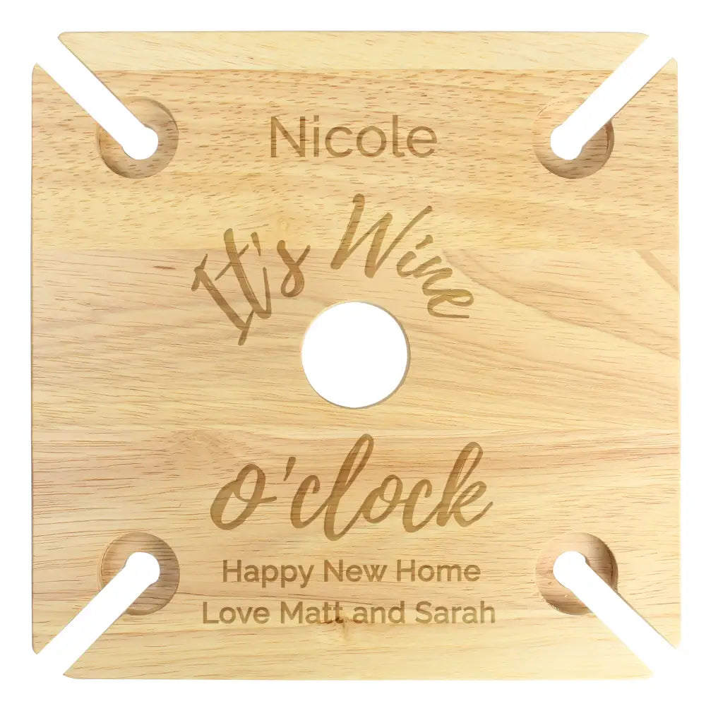 Wooden Personalised Wine O'clock Four Wine Glass Holder & Bottle Holder