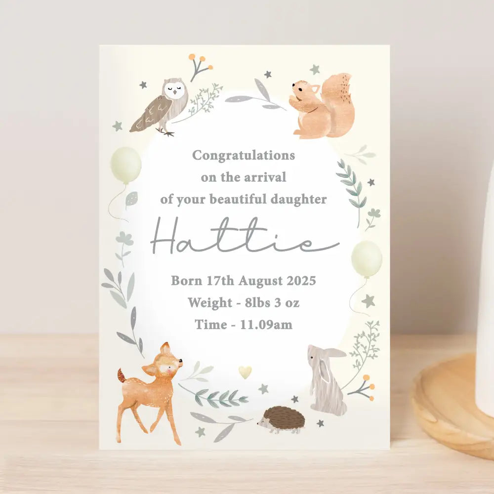 Greetings Cards Personalised Woodland Animals New Baby Card