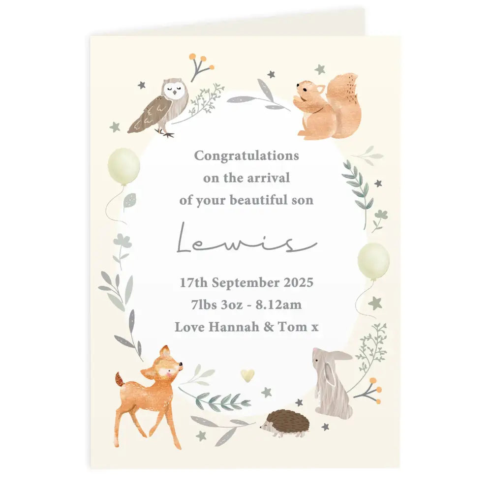 Greetings Cards Personalised Woodland Animals New Baby Card